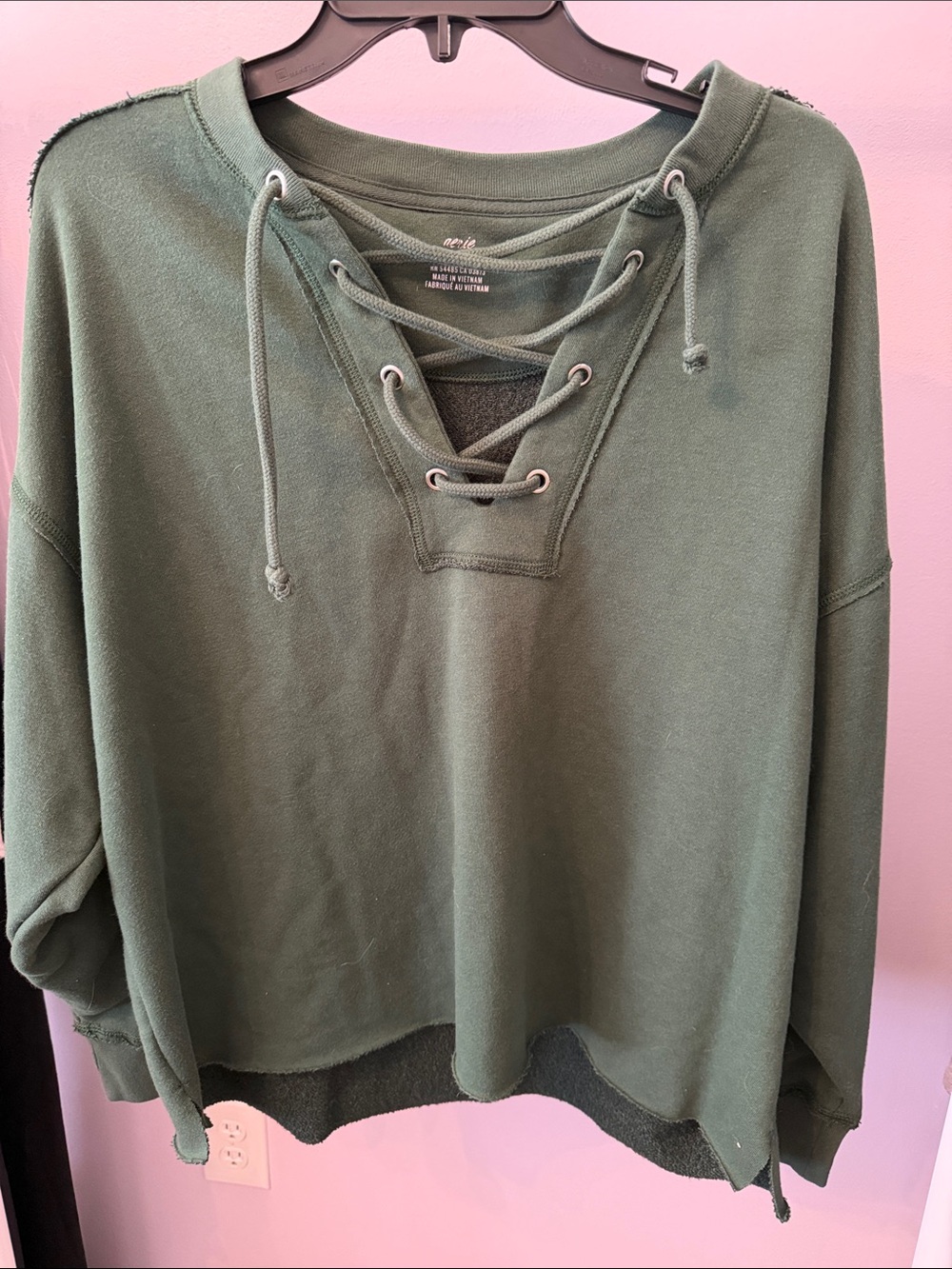 aerie Olive Green Lace-Up Pullover Sweatshirt
